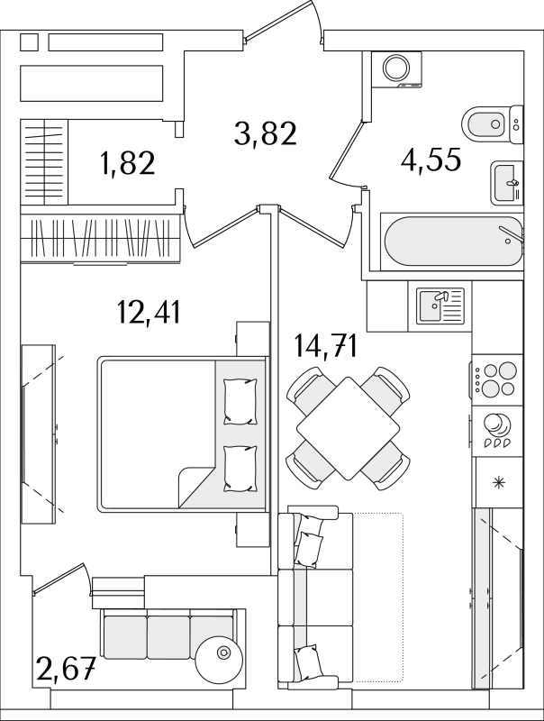 2-комнатная (Евро) квартира, 38.4 м² в ЖК "Лайнеръ" - планировка, фото №1