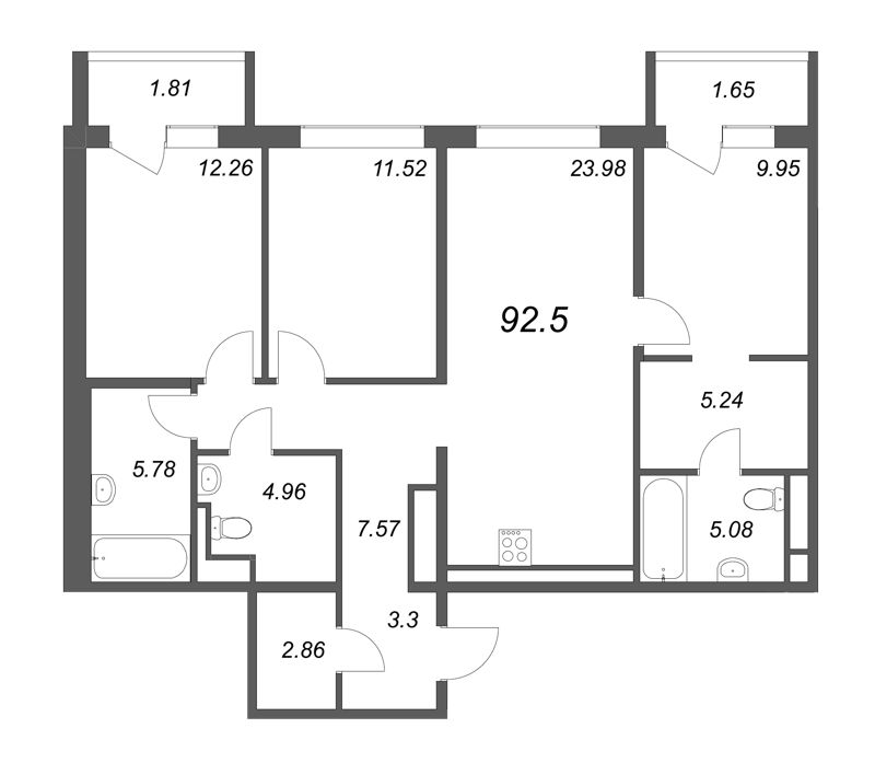 4-комнатная (Евро) квартира, 92.5 м² - планировка, фото №1