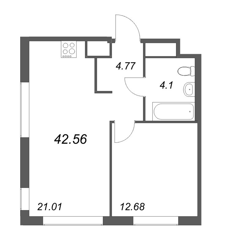 2-комнатная (Евро) квартира, 42.56 м² в ЖК "GloraX Василеостровский" - планировка, фото №1