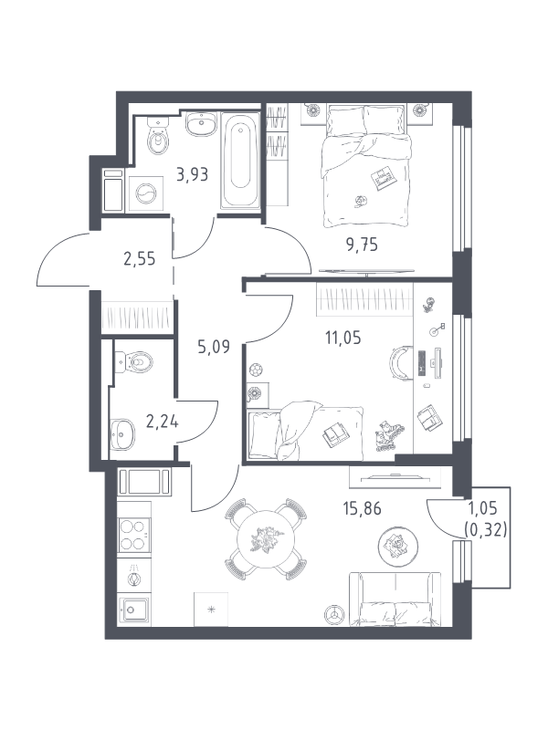 3-комнатная (Евро) квартира, 50.79 м² в ЖК "Новое Колпино" - планировка, фото №1