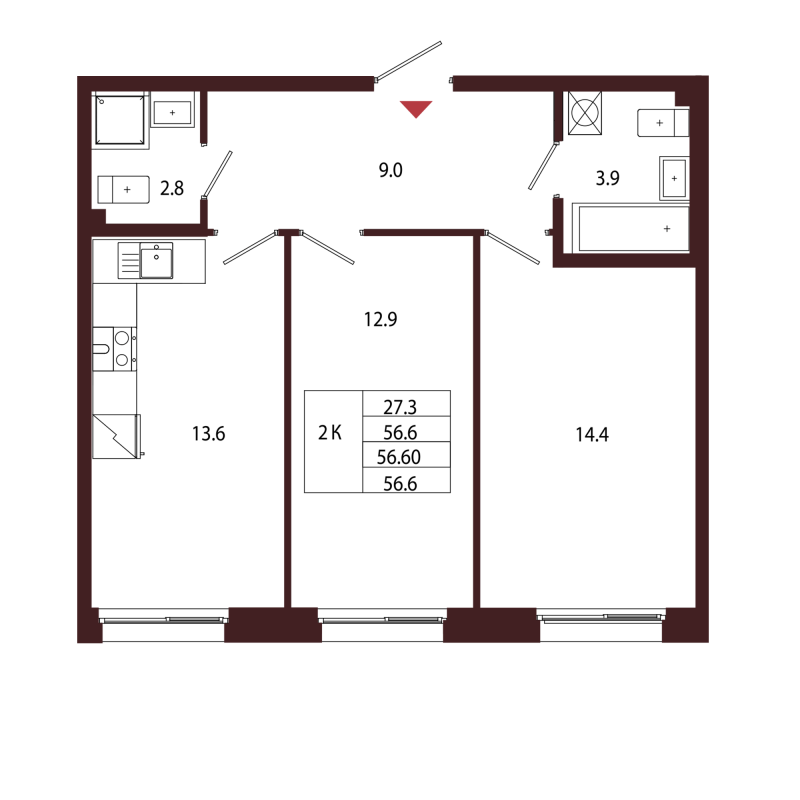 2-комнатная квартира, 56.6 м² - планировка, фото №1