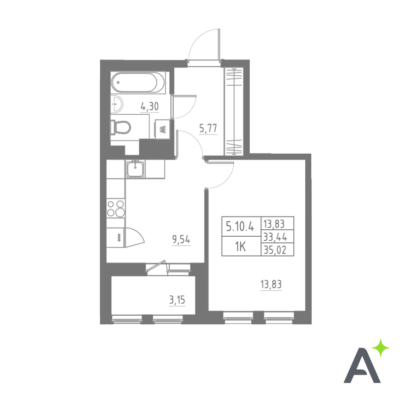 1-комнатная квартира, 35.02 м² в ЖК "Аквилон Solar" - планировка, фото №1