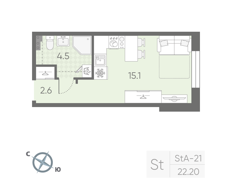 Квартира-студия, 22.2 м² в ЖК "Пулково Lake" - планировка, фото №1
