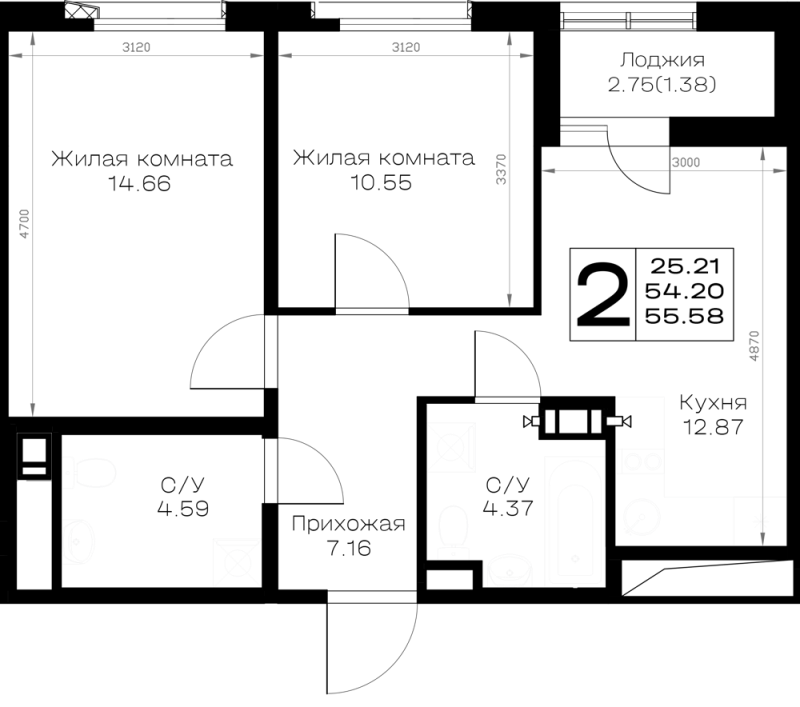 2-комнатная квартира, 55.62 м² в ЖК "Борский" - планировка, фото №1