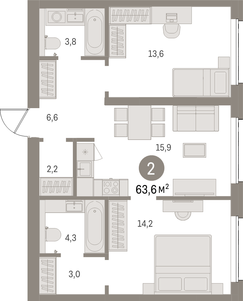 3-комнатная (Евро) квартира, 63.7 м² в ЖК "Северный ветер" - планировка, фото №1