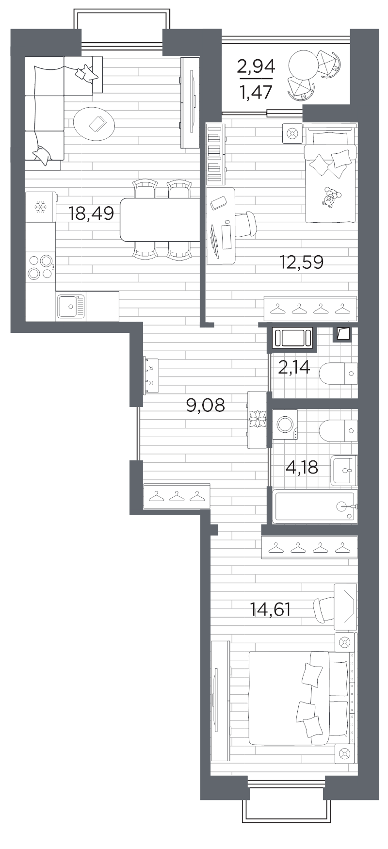 3-комнатная (Евро) квартира, 62.56 м² в ЖК "Респект" - планировка, фото №1