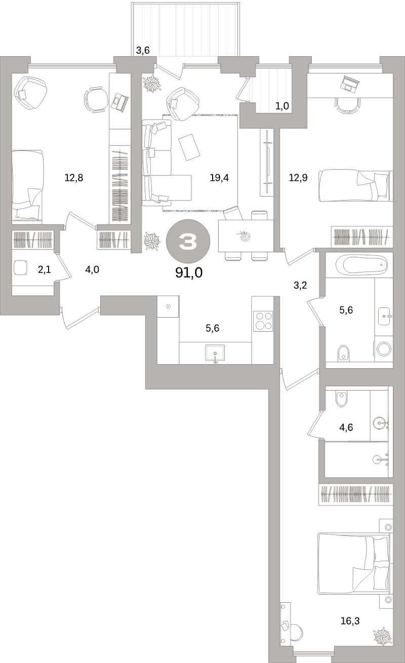 4-комнатная (Евро) квартира, 91 м² в ЖК "Северный ветер" - планировка, фото №1