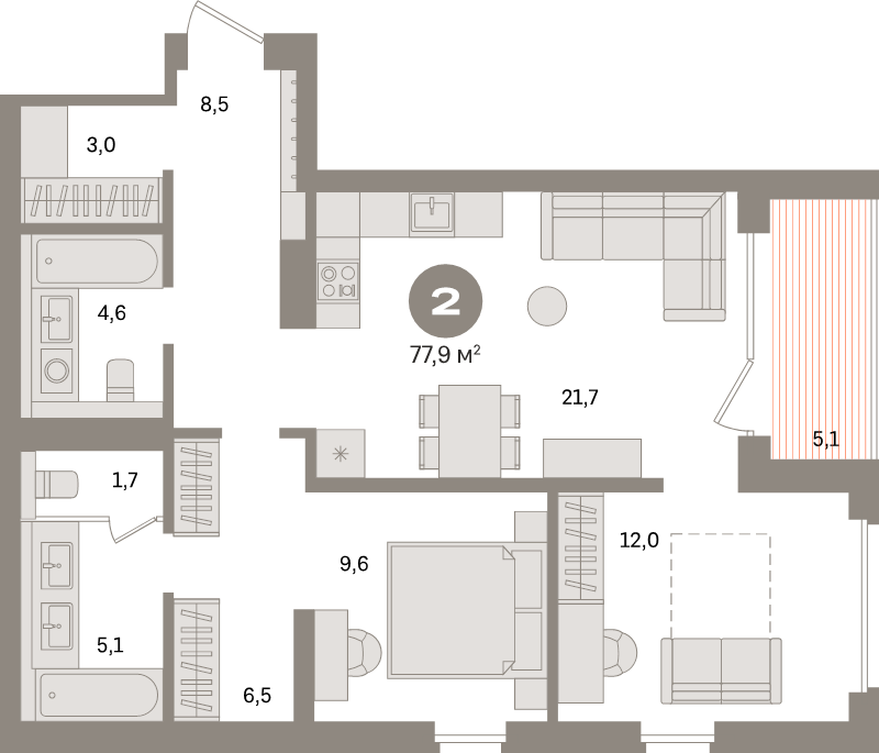 3-комнатная (Евро) квартира, 77.9 м² в ЖК "Северный ветер" - планировка, фото №1