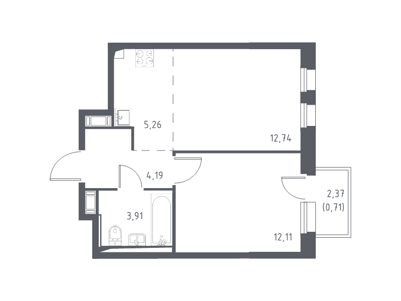 2-комнатная (Евро) квартира, 38.92 м² - планировка, фото №1