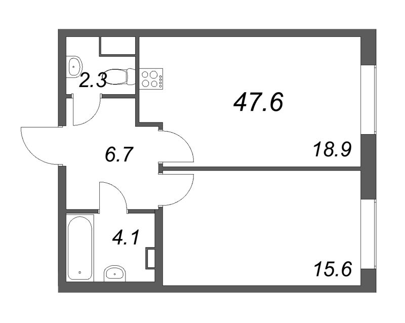 2-комнатная (Евро) квартира, 47.6 м² в ЖК "Визионер" - планировка, фото №1