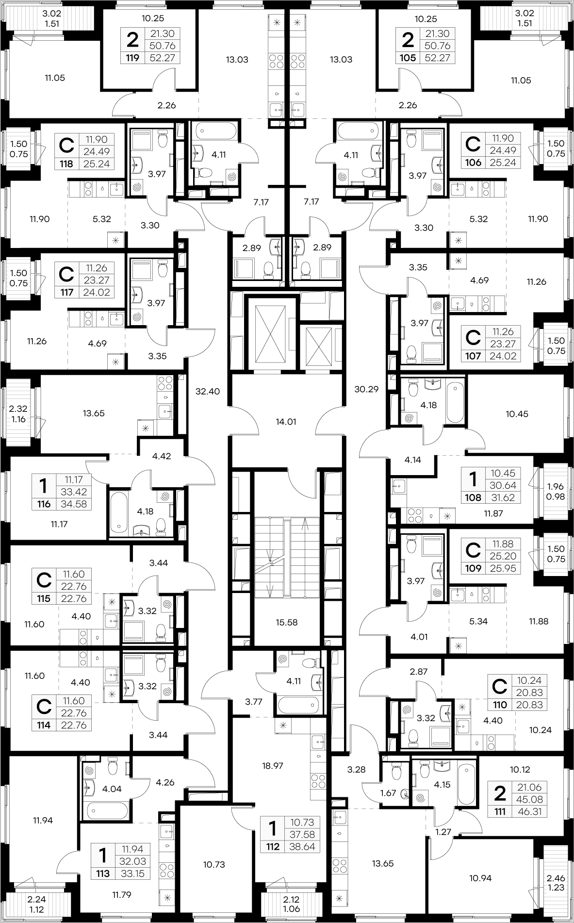 2-комнатная квартира, 46.31 м² в ЖК "GloraX Новоселье" - планировка этажа
