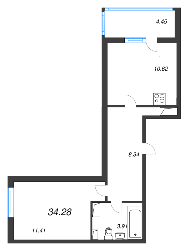 1-комнатная квартира, 34.28 м² - планировка, фото №1