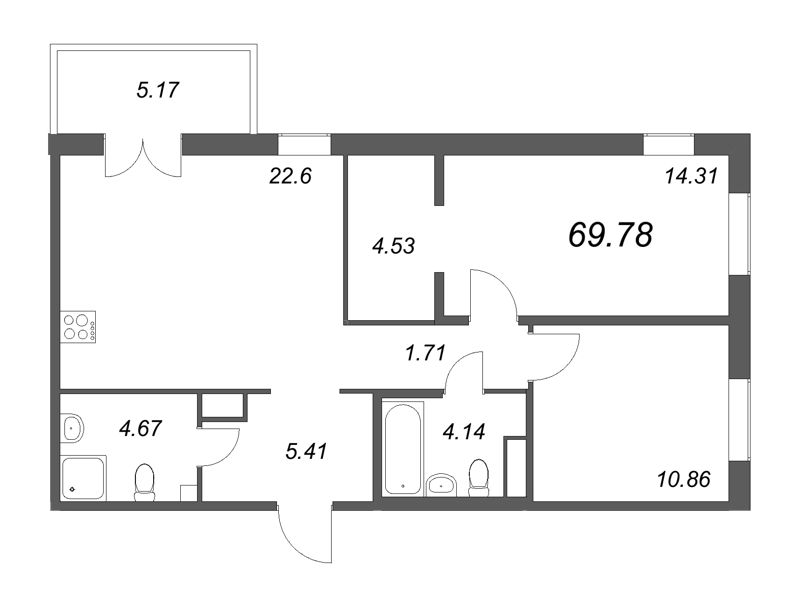 3-комнатная (Евро) квартира, 69.88 м² - планировка, фото №1