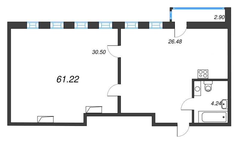 3-комнатная (Евро) квартира, 61.22 м² - планировка, фото №1