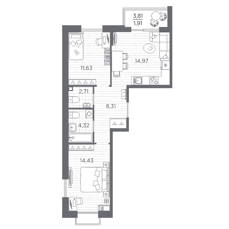 2-комнатная квартира, 58.28 м² в ЖК "Респект" - планировка, фото №1