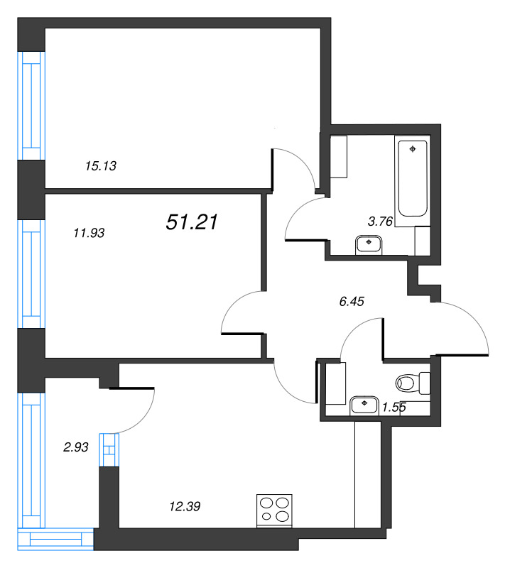 2-комнатная квартира, 51.21 м² - планировка, фото №1