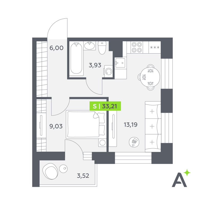 1-комнатная квартира, 33.21 м² в ЖК "Аквилон РекаПарк" - планировка, фото №1