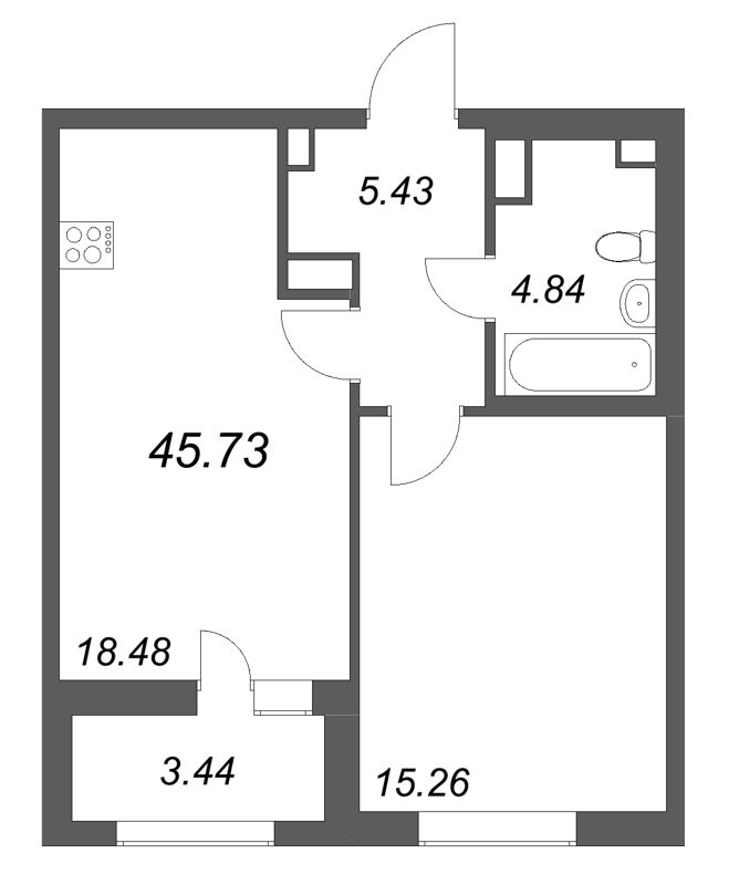 2-комнатная (Евро) квартира, 45.73 м² в ЖК "Аквилон Солар" - планировка, фото №1