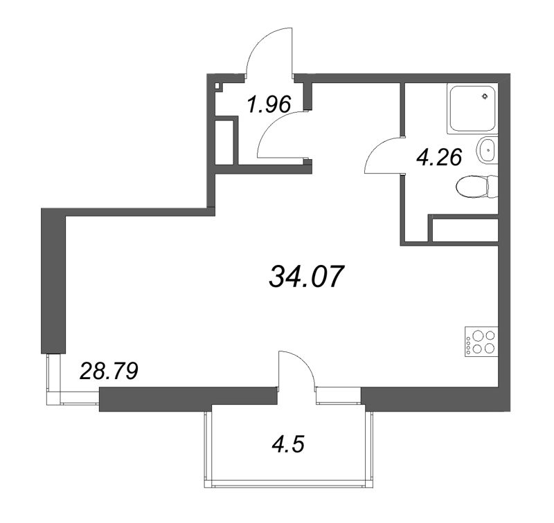 Квартира-студия, 34.07 м² - планировка, фото №1