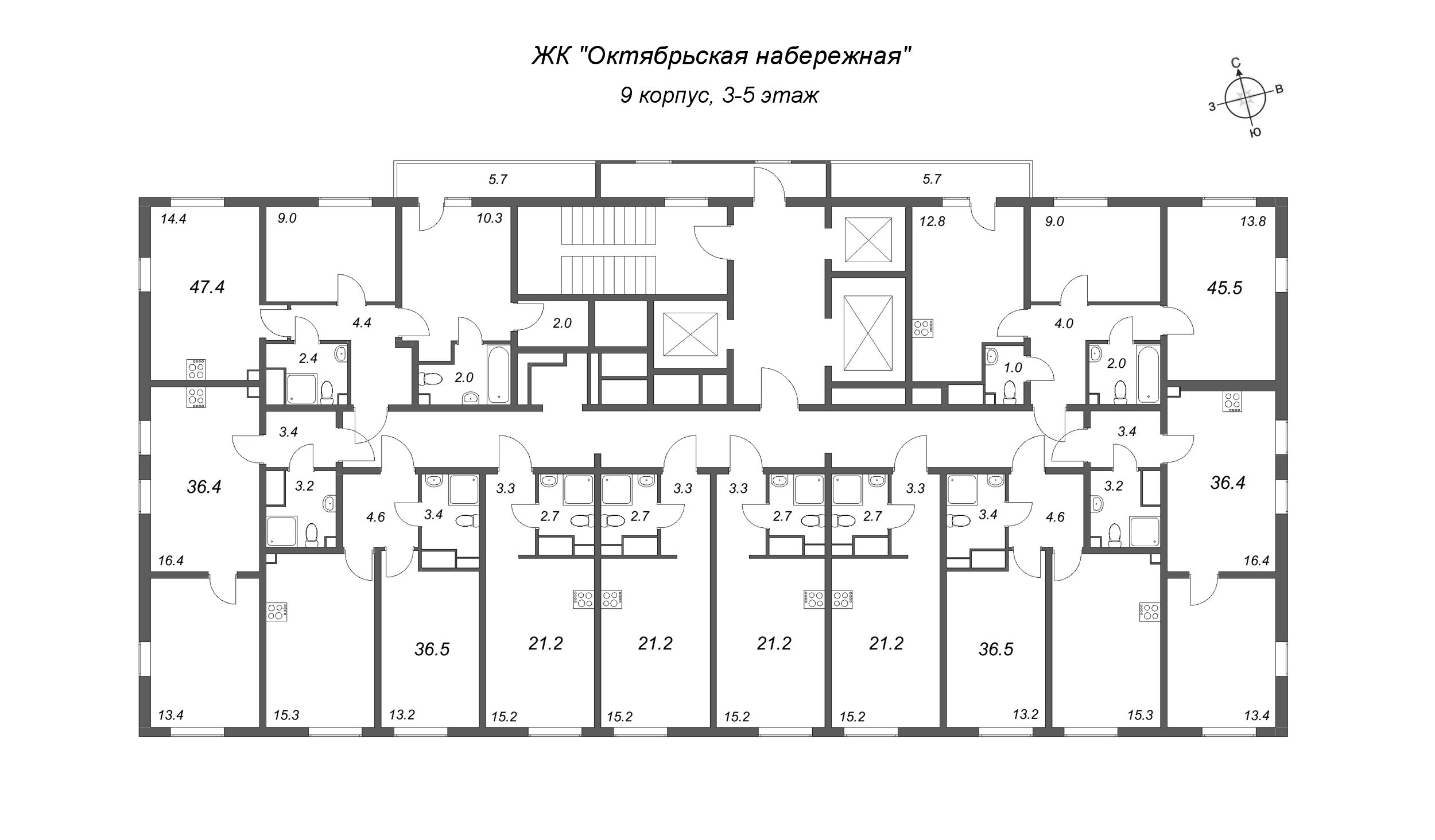2-комнатная (Евро) квартира, 36.4 м² в ЖК "Октябрьская набережная" - планировка этажа
