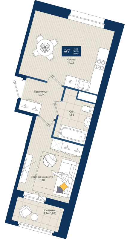 2-комнатная (Евро) квартира, 38.65 м² - планировка, фото №1