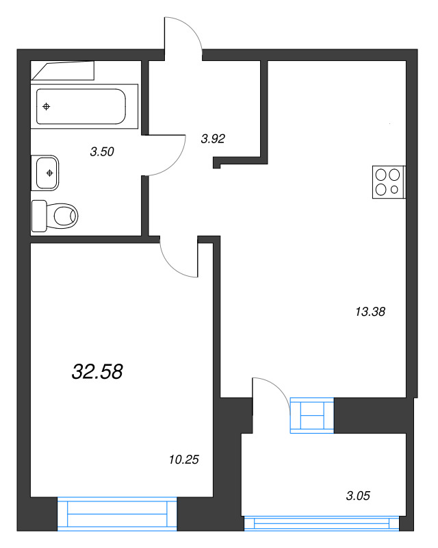1-комнатная квартира, 32.58 м² в ЖК "Уютный" - планировка, фото №1
