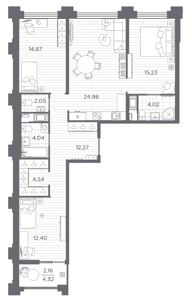 4-комнатная (Евро) квартира, 96.56 м² в ЖК "Ассамблея" - планировка, фото №1