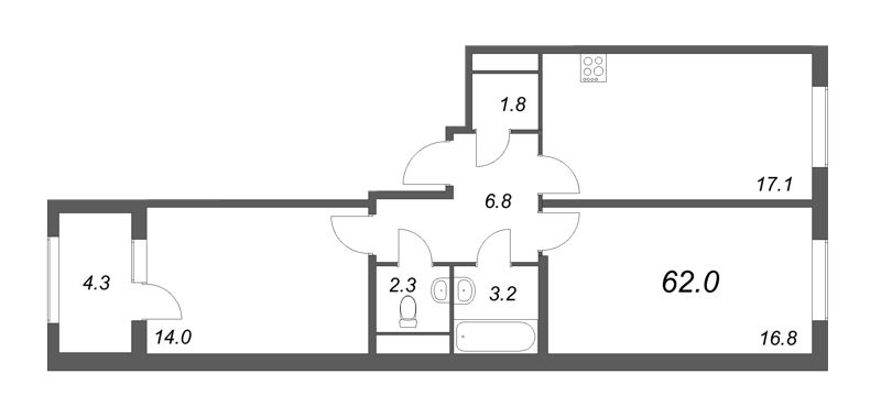 3-комнатная (Евро) квартира, 62 м² - планировка, фото №1