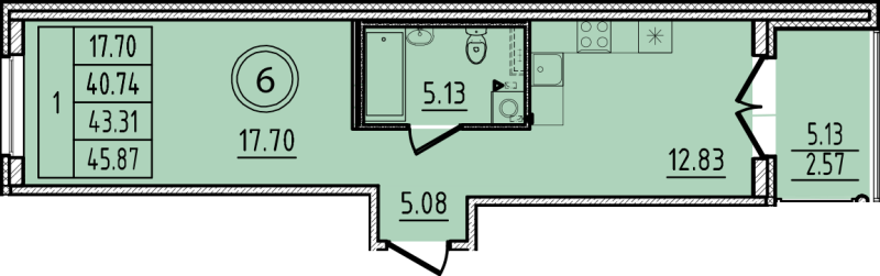 1-комнатная квартира, 40.74 м² в ЖК "Образцовый квартал 14" - планировка, фото №1