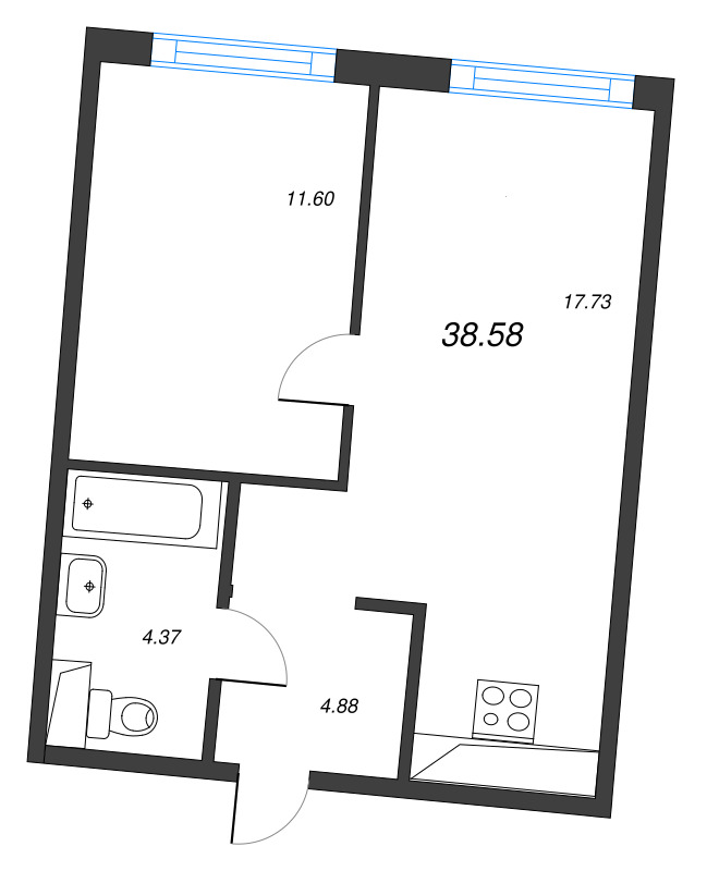 2-комнатная (Евро) квартира, 38.58 м² в ЖК "Legenda Васильевского" - планировка, фото №1