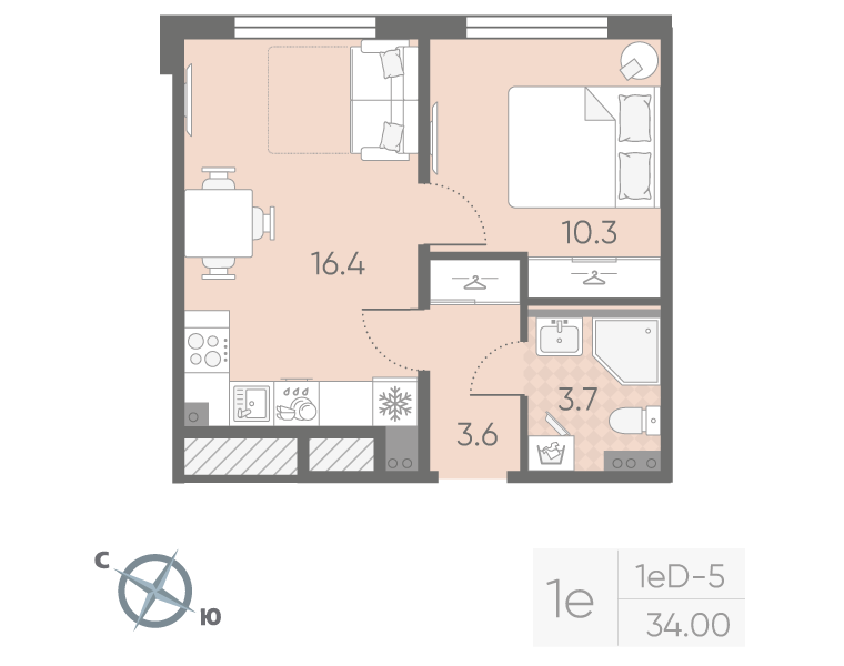 2-комнатная (Евро) квартира, 34 м² в ЖК "Пулково Lake" - планировка, фото №1