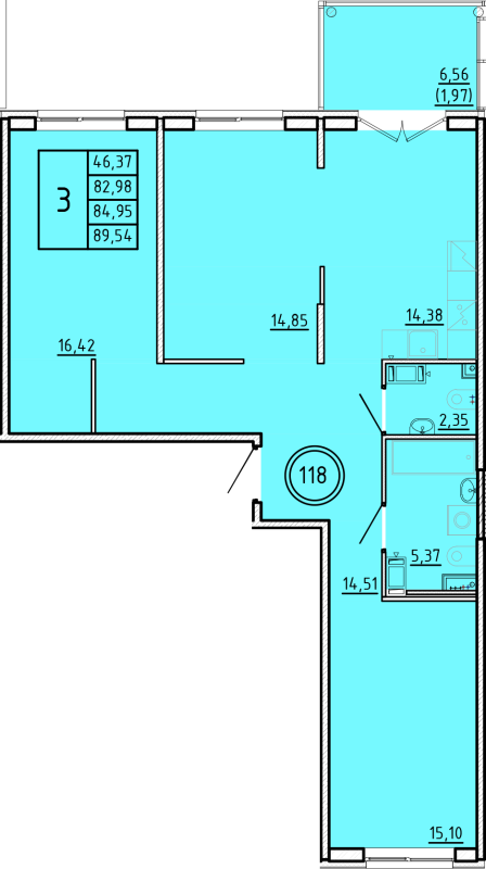3-комнатная квартира, 82.98 м² - планировка, фото №1