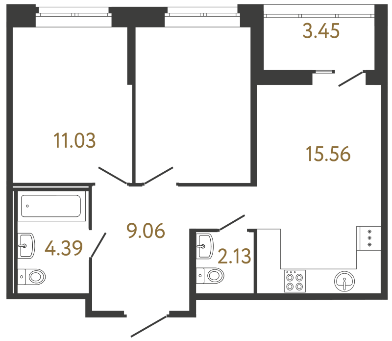 3-комнатная (Евро) квартира, 52.91 м² в ЖК "Ultra City 3.0" - планировка, фото №1