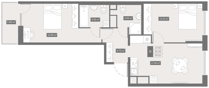 3-комнатная (Евро) квартира, 59.1 м² в ЖК "Квартал «Новый Московский»" - планировка, фото №1
