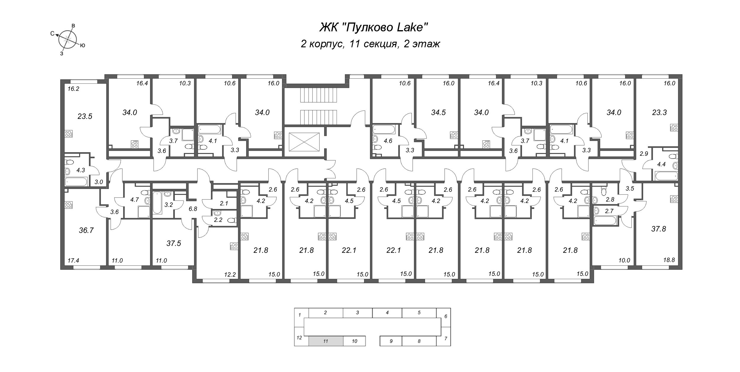 2-комнатная (Евро) квартира, 34 м² в ЖК "Пулково Лейк" - планировка этажа