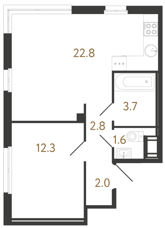 2-комнатная (Евро) квартира, 45.1 м² в ЖК "Литера" - планировка, фото №1