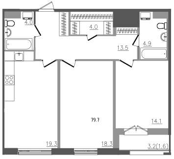3-комнатная (Евро) квартира, 79.7 м² - планировка, фото №1