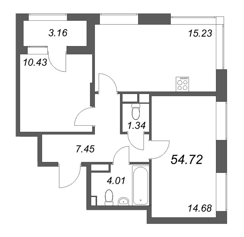 3-комнатная (Евро) квартира, 54.72 м² в ЖК "Гранат" - планировка, фото №1