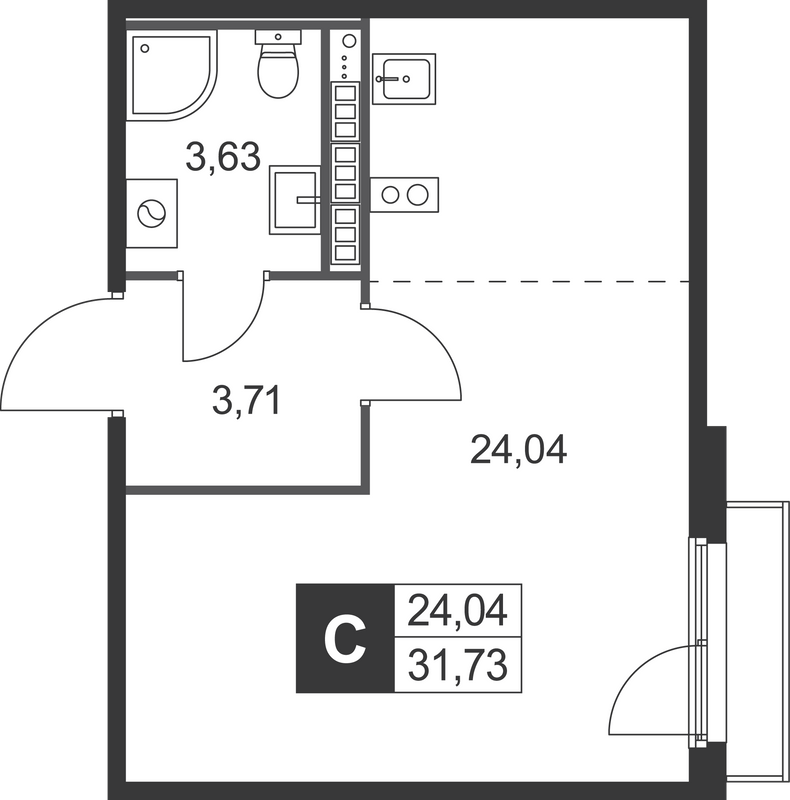 Квартира-студия, 31.73 м² в ЖК "Слобода" - планировка, фото №1