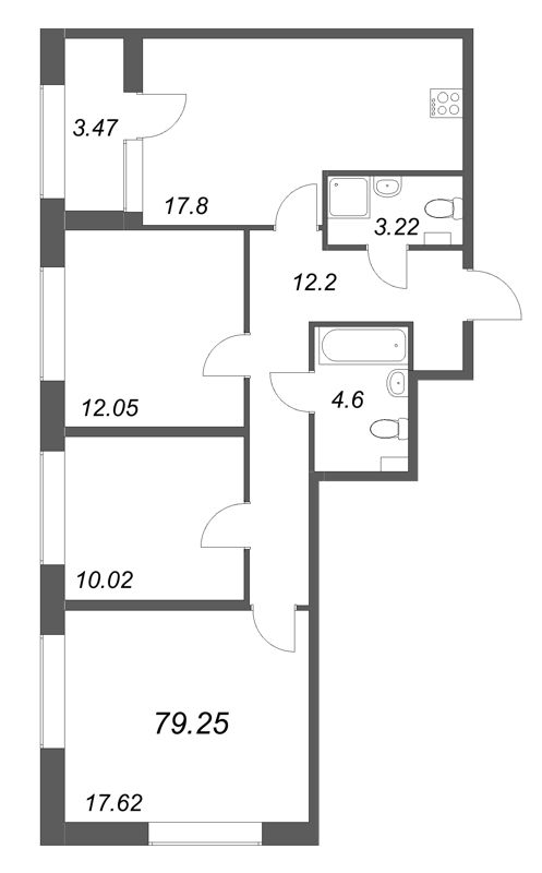 4-комнатная (Евро) квартира, 79.25 м² в ЖК "Аурум" - планировка, фото №1