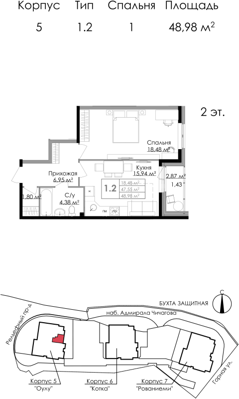 2-комнатная (Евро) квартира, 48.7 м² в ЖК "Малая Финляндия" - планировка, фото №1