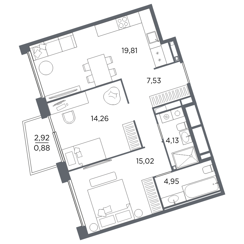 3-комнатная (Евро) квартира, 66.58 м² в ЖК "Акватория" - планировка, фото №1