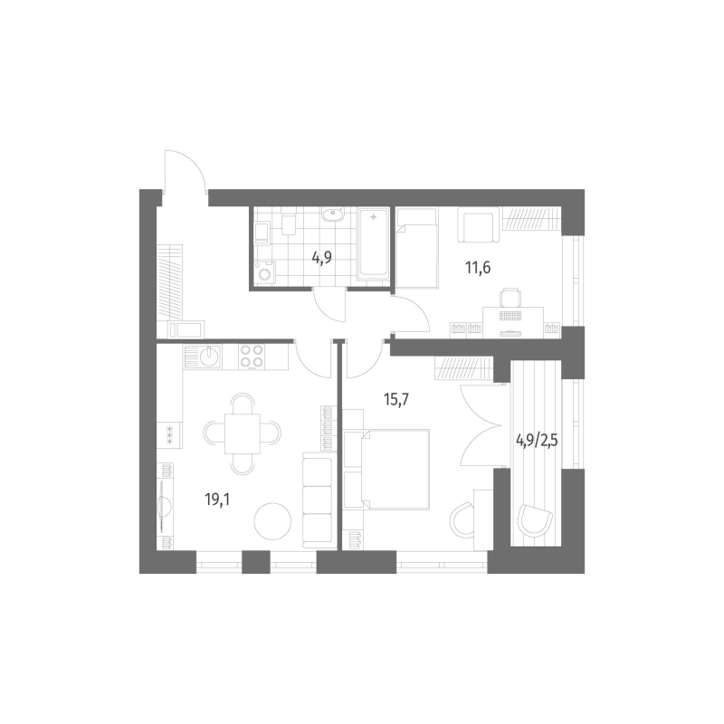 2-комнатная квартира, 63.34 м² - планировка, фото №1