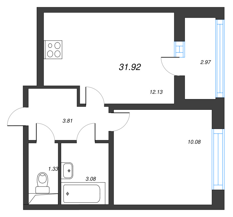 1-комнатная квартира, 31.92 м² - планировка, фото №1