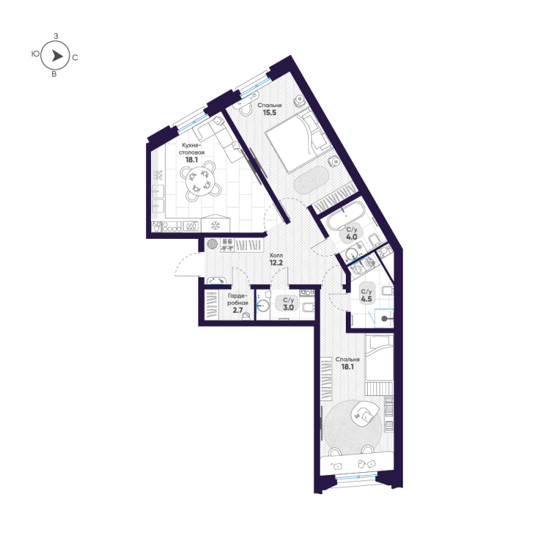 3-комнатная (Евро) квартира, 78.1 м² в ЖК "Mariinka Deluxe" - планировка, фото №1