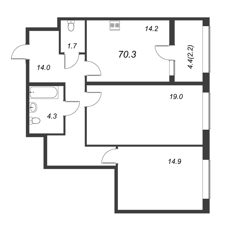 2-комнатная квартира, 70.3 м² - планировка, фото №1