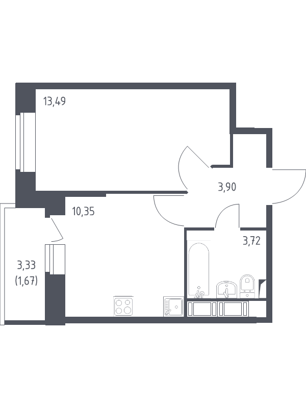 1-комнатная квартира, 33.13 м² - планировка, фото №1