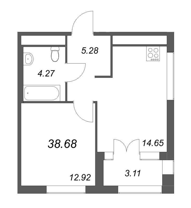 1-комнатная квартира, 38.68 м² - планировка, фото №1