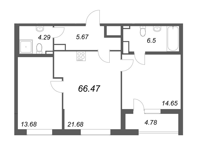 2-комнатная квартира, 66.47 м² - планировка, фото №1