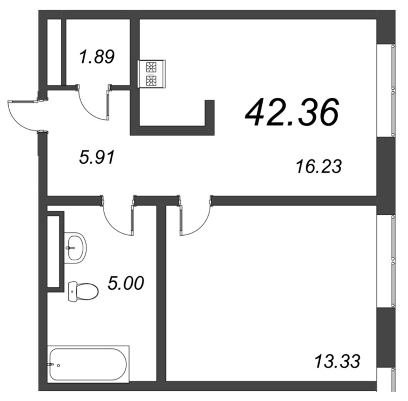 2-комнатная (Евро) квартира, 42.9 м² - планировка, фото №1